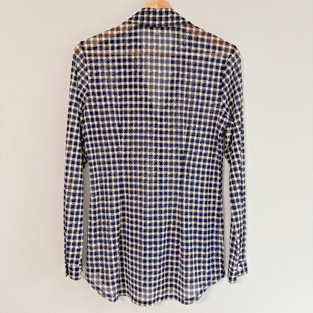 Cabi Blue White Mesh Top Check Print Sheer Long Sleeve Collar Size S - Picture 5 of 5
